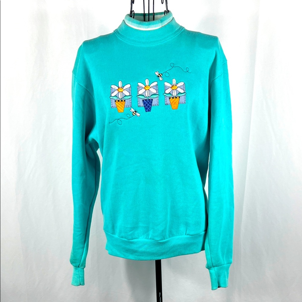 VINTAGE TOP‎ STITCH Women’s Embroidered Teal Sweater Small Long Sleeve Granny